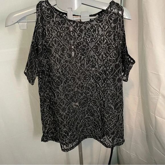 LOFT Floral white and black sheer lace top size small - Picture 2 of 6